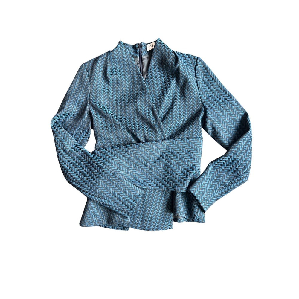 The Fold London Blue Chevron Jacquard Peplum Wrap Top Women's 2
